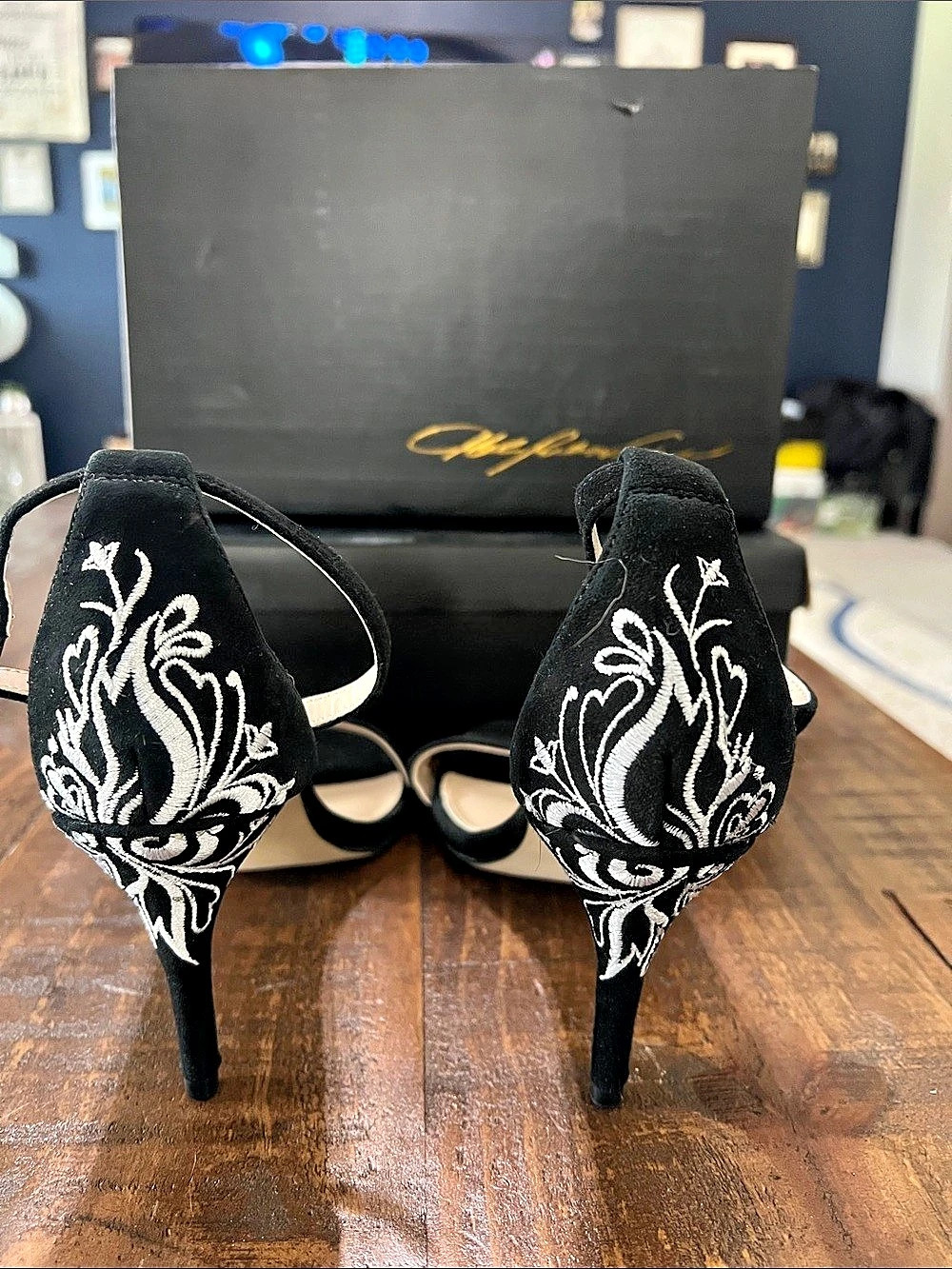 Dee Ocleppo Black Suede White-Embroidered Evening Sandals Black